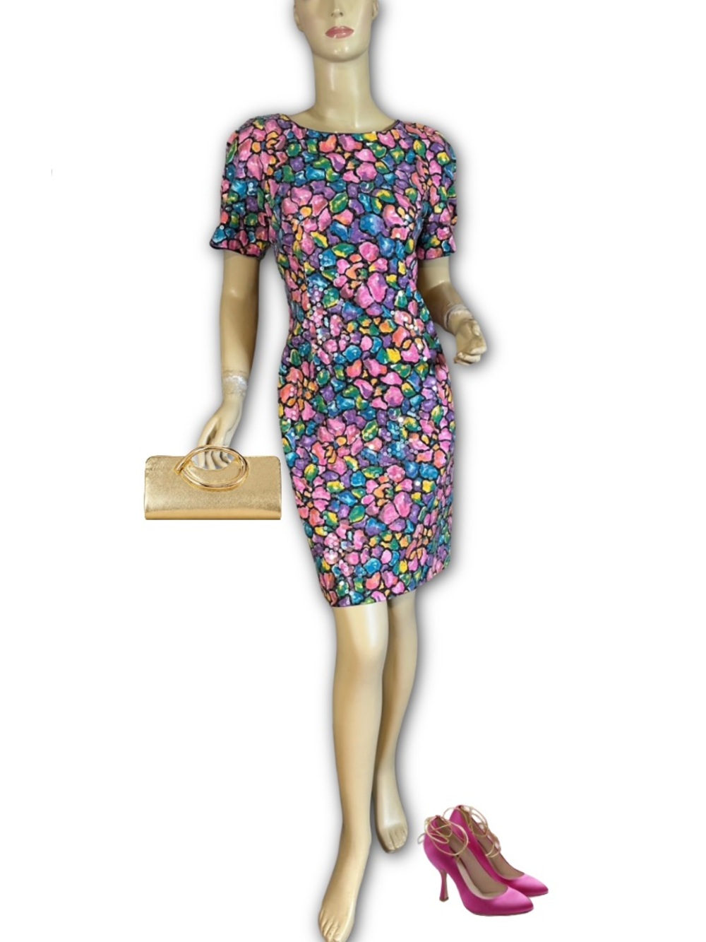 VINTAGE 1990'S WARREN PETITES SAKS FIFTH AVE SEQUIN COLORFUL MOSAIC DRESS (6P)